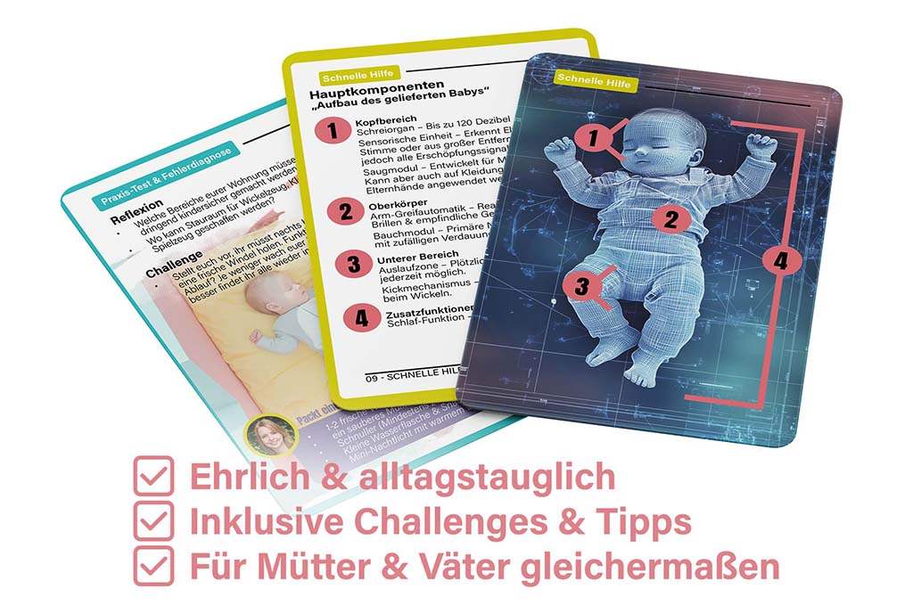 Einblick in die Karten des Sets „Eltern werden – Die Betriebsanleitung 1.0“: Verschiedene Kartentypen wie Challenges, Reflexionsfragen und praxisnahe Tipps decken alle Phasen des Elternstarts ab – von der Vorbereitung bis zum Umgang mit Baby-Alltagssituationen.