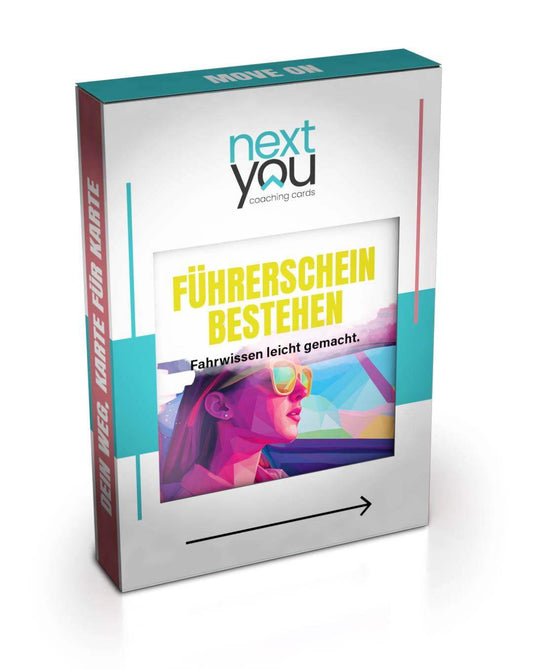 NextYou Kartenset „Führerschein bestehen – Dein smarter Prüfungscoach“ in moderner Verpackung. Perfekt zur Vorbereitung auf die Theorieprüfung – mit verständlichen Erklärungen, visuellen Beispielen und praktischen Tipps. Der ideale Begleiter für Fahrschüler:innen, die stressfrei und sicher durch die Prüfung wollen.