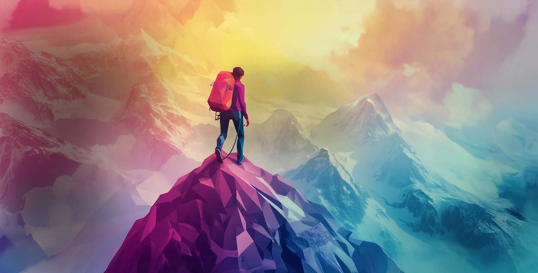 Frau erklimmt einen Berg im Low-Poly-Stil – symbolisches Startseiten-Banner für persönliches Wachstum und Aufstieg mit den Coaching-Kartensets von NextYou.