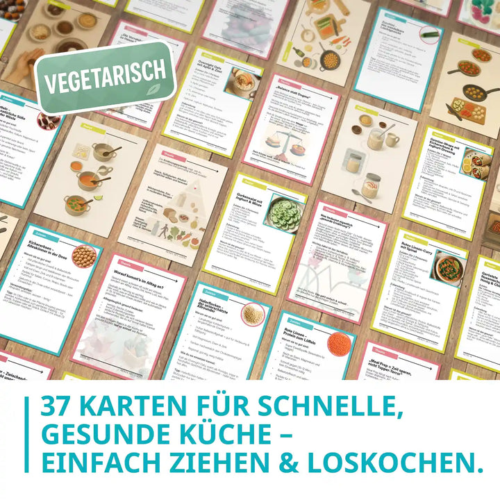 Übersicht aller 37 Ready, Set, Cook! Karten mit Rezepten und Ernährungstipps; Text ‚37 Karten für schnelle, gesunde Küche – einfach ziehen & loskochen‘ sichtbar.