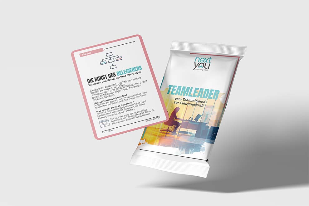 Vorschaukarten aus dem Set „Teamleader – Coaching-Karten für Führungskräfte“ im Booster-Pack-Design als gratis PDF