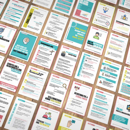 Übersicht aller Coaching-Karten des NextYou Sets „Traumjob erreichen“, mit Themen wie Karriere, Bewerbung, Vorstellungsgespräch, Motivation und Zielklarheit.