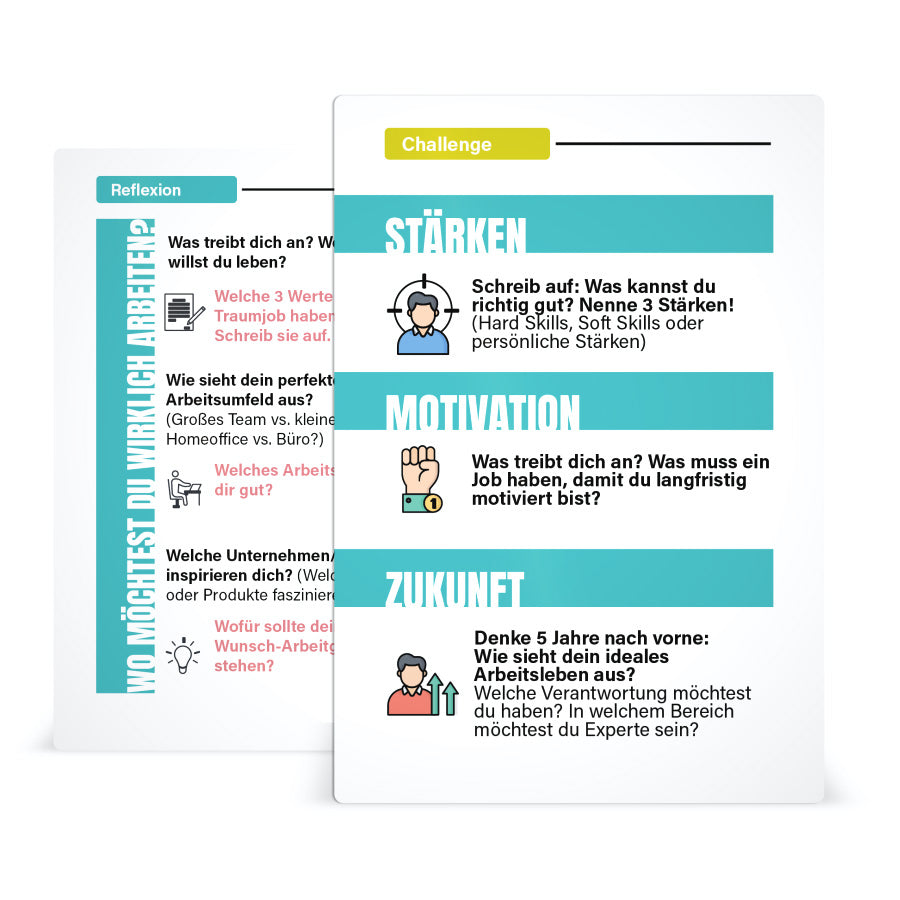 Reflexions- und Challenge-Karten aus dem NextYou Set „Traumjob erreichen – klar, strukturiert und selbstbewusst“ bieten gezielte Fragen und praxisnahe Aufgaben für die berufliche Weiterentwicklung. Ideal zur Standortbestimmung, Zielsetzung und Vorbereitung auf den nächsten Karriereschritt – motivierend, klar und alltagsnah.